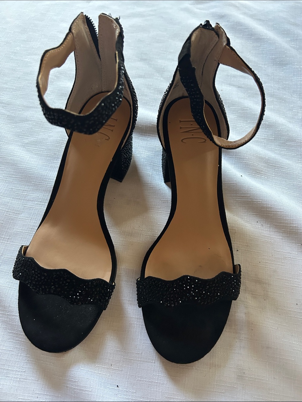 INC International Concepts Black Embellished Ankle-Strap Block Heels